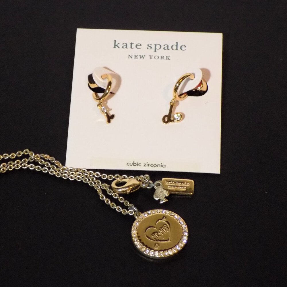 Lot 2 Kate Spade Gold Plate & CZ Bridal I Do CZ  Earrings, Mr. & Mrs. Necklace